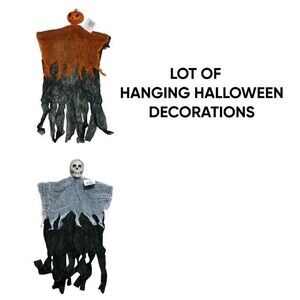 Lot of 2 Hanging Halloween Decor Decorations Jack-o'-Lantern Pumpkin & Skeleton